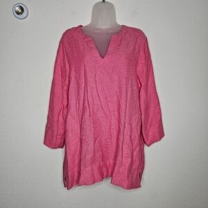 Land's End Linen Blend Split Neck 3/4 Sleeve Pink Tunic Blouse L
